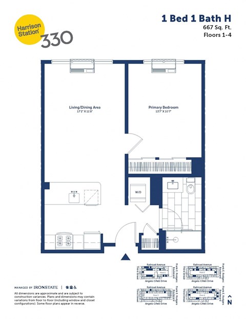 Floor plan for 1 bed, 1 bath, 667 sqft